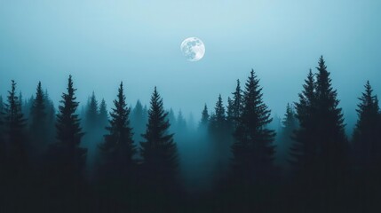 Mysterious Moonlit Forest Silhouette with Misty Atmosphere and Dark Trees at Night