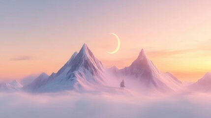 Snowy Mountain Peaks at Sunset with Crescent Moon and Soft Clouds in a Dreamlike Atmosphere