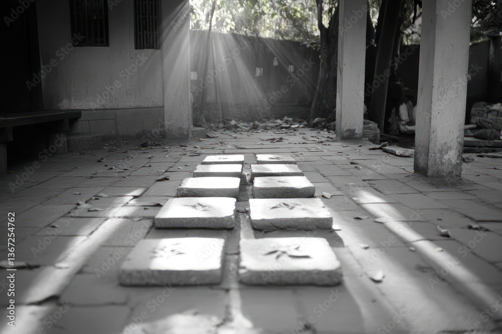 Poster Path of square stone stepping stones leading towards a building with dramatic light rays shining through the trees casting shadows