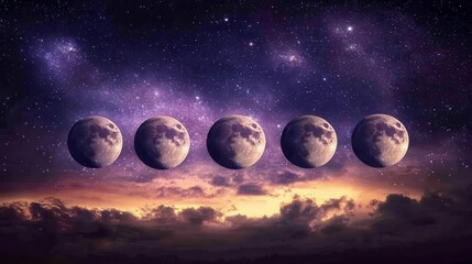 Phases of the Moon Glowing Against a Starry Sky at Twilight with Ethereal Clouds