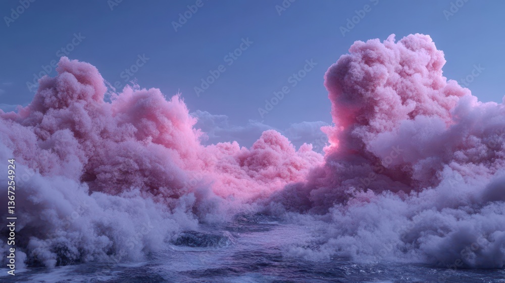 Aufkleber pink fluffy cloudscape over a reflective water surface under a blue sky. the scene is rendered with 