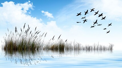Obraz premium Birds in Flight Over Serene Lake Under Blue Sky