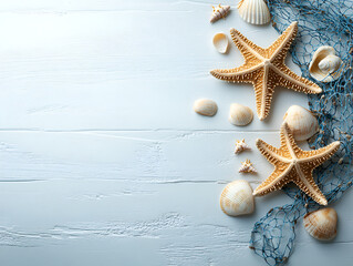 Starfish and seashells on a wooden beach background for summer holiday decoration