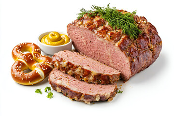 a meatloaf with mustard and a pretzel