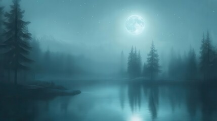 Mysterious Moonlit Night Over a Foggy Lake Surrounded by Silhouetted Forest in Twilight