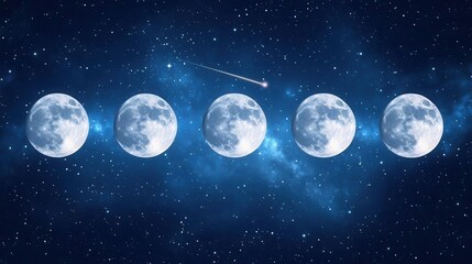 Phases of the Full Moon in a Starry Night Sky with a Comet Trailing Through Space