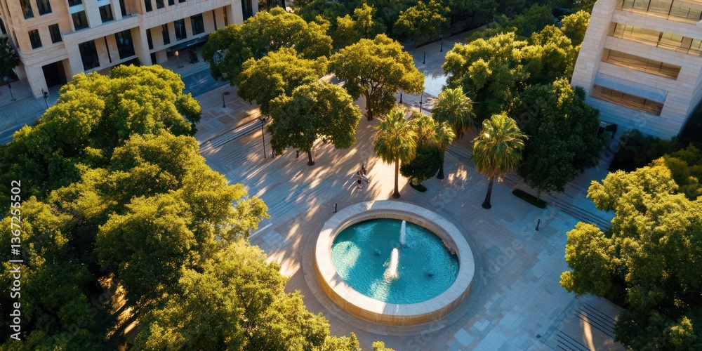 Aufkleber aerial view of a city square with fountain lush trees and surrounding buildings bathed in sunlight c