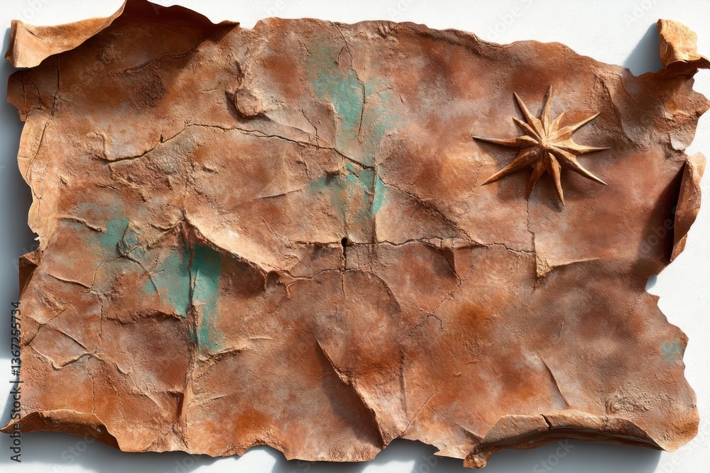 Poster textured abstract artwork with a folded brown surface turquoise accents and a star-shaped element ag