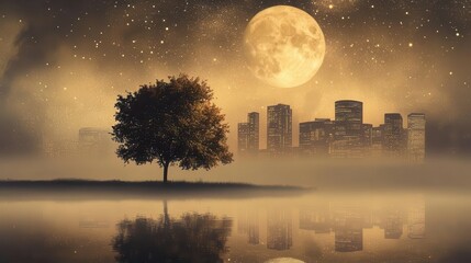 Serene Night Landscape with Full Moon Above Urban Silhouette and Reflective Water Surface