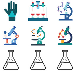 Obraz premium Medical icons and laboratory equipment vector illustration set includes science symbols like chemical bottles and glass silhouettes for research design