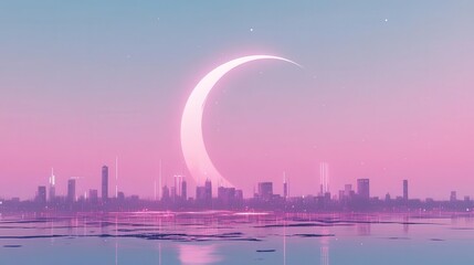 Serene Night City Skyline with Crescent Moon and Reflective Water in a Dreamy Pink Atmosphere