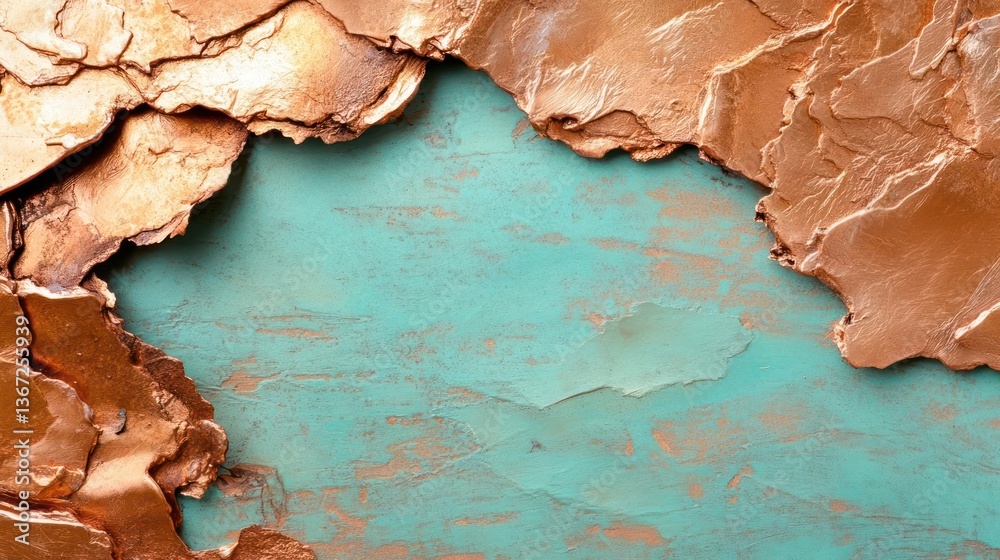 Poster abstract close-up textured copper metal with turquoise background. rustic weathered metallic surface