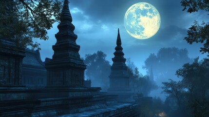 Mystical Ancient Temple Silhouette Under Full Moonlight in a Foggy Night Landscape