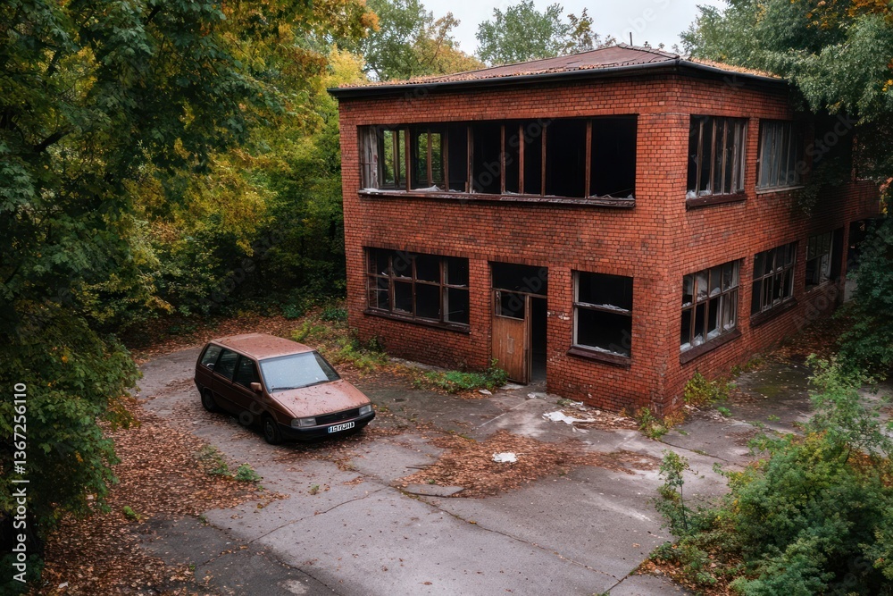 Aufkleber Dilapidated brick building covered with vines with broken windows and a car parked in front surrounded by trees