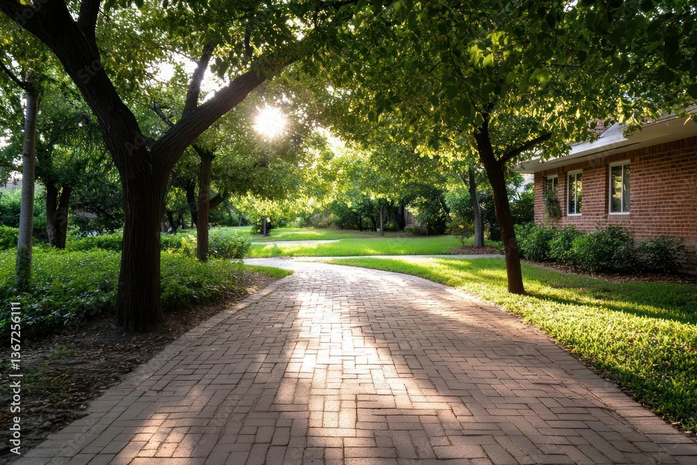 Leinwandbilder a brick pathway leads through a lush green landscape under a canopy of trees with sunlight filtering