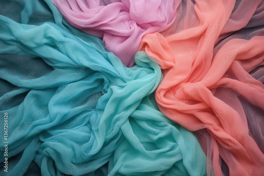 Leinwandbilder Overhead view of a circular arrangement featuring sections of sheer fabrics in teal pink and coral colors with textured backdrop. The textile pattern shows intricate details