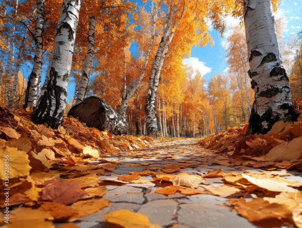 Leinwandbilder a pathway through autumn forest features trees with yellow and orange foliage illuminated by natural