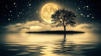 Serene Night Landscape with Full Moon and Silhouetted Tree on Island Surrounded by Water