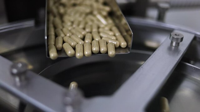 Closeup: Medication capsules drop into revolving pill counter machine
