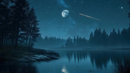 Starlit Sky Over Tranquil Lake with Full Moon and Shooting Star in a Lush Forest Setting