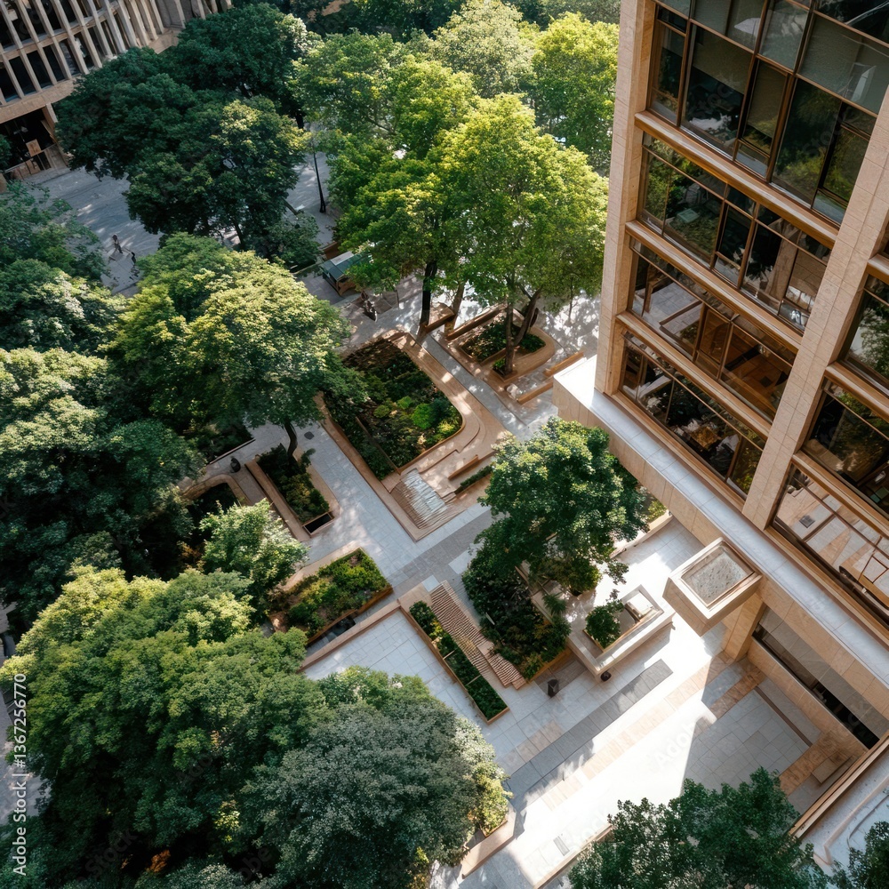 Poster aerial view of a lush green courtyard with trees and manicured gardens near a tall building with sun