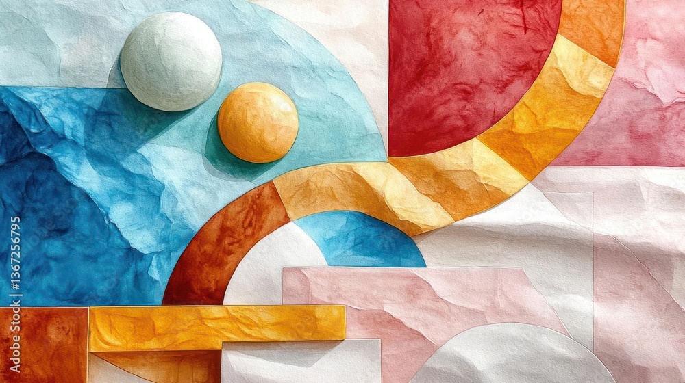 Poster Abstract geometric shapes with diverse textures and vibrant colors create a textured composition including spheres and layered curved forms