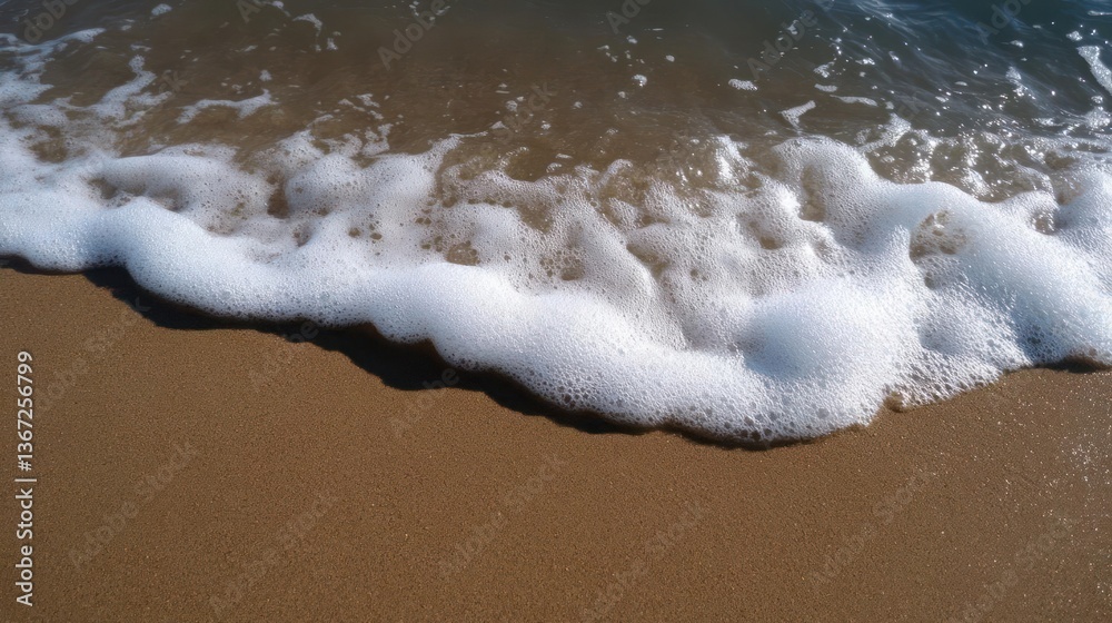 Poster close up of the foamy ocean wave rolling onto golden sand beach creating textured patterns and shado