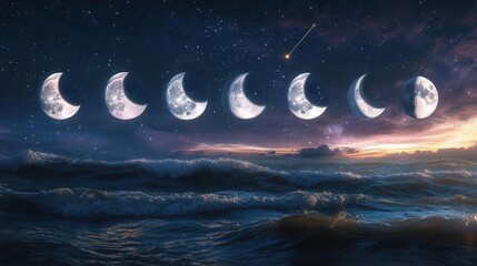 Phases of the Moon Over an Ocean at Twilight with Stars and Dramatic Clouds in the Sky