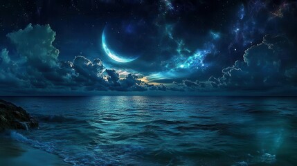 Serene Night Ocean Landscape Under a Starry Sky with Illuminated Clouds and Moonlit Reflections