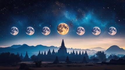 Phases of the Moon Over Ancient Temple Silhouette in a Starry Night Sky Landscape