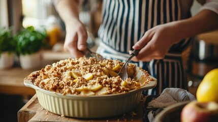 apple crumble being served from a baking dish at a cozy kitchen counter.