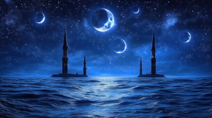 Mystical Night Scene Over a Calm Ocean with Towers Under a Starry Sky and Illuminated Moon