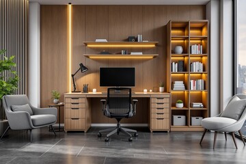 Contemporary home office with wood panel walls, sleek desk, shelves, and lighting in modern architect style on cityscape background. Ai generative