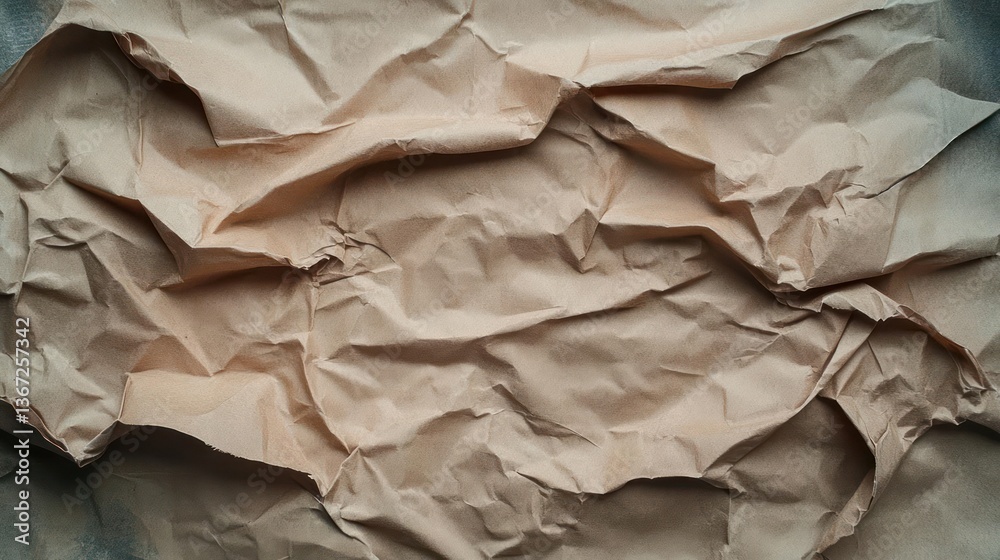 Poster close up view of a crumpled brown paper texture with rough edges and natural lighting. the paper has