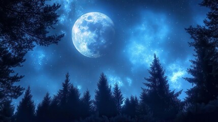 Naklejka premium Night Sky with Full Moon Illuminating a Forest Landscape and Starry Background in Tranquil Setting