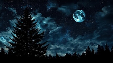 Starry Night Sky with Full Moon and Silhouetted Trees Underneath in a Tranquil Setting