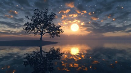 Serene Moonlit Landscape with Tree Reflections on Still Water at Dusk