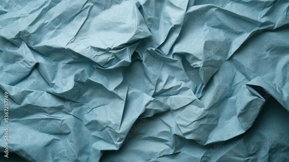 Poster Close up textured image of crumpled teal paper with numerous folds and shadows creating depth and abstract patterns suitable for background usage