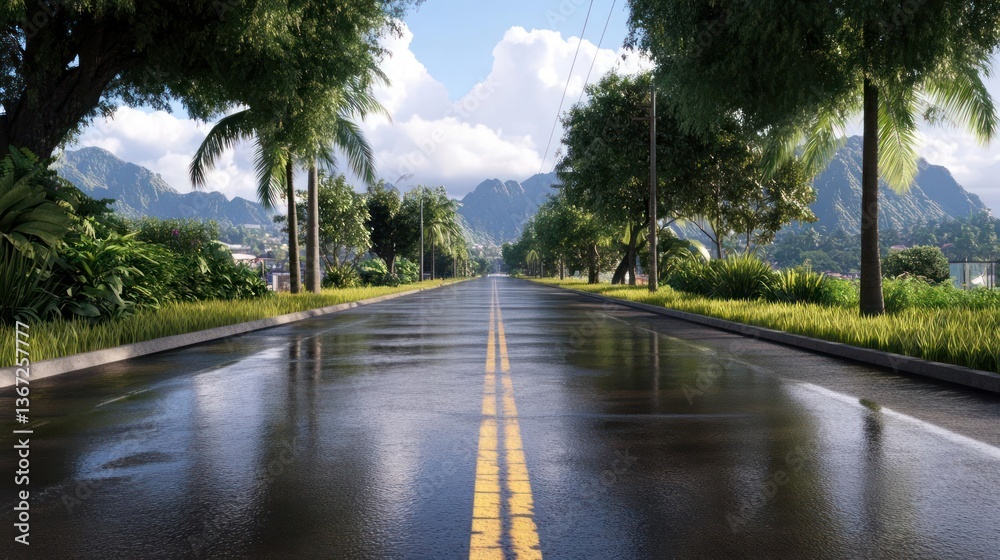 Poster wet asphalt road reflecting the sky after rain lined by lush green trees and vegetation leading towa