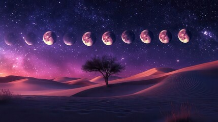 Phases of the Moon Over Serene Desert Landscape with Silhouette of Tree Under Starry Night Sky
