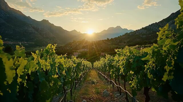 Sunset over lush vineyard nestled in mountains showcasing nature's beauty in early evening light