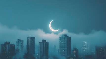 Serene Night Cityscape with a Crescent Moon and Clouds Above Skyscrapers at Dusk