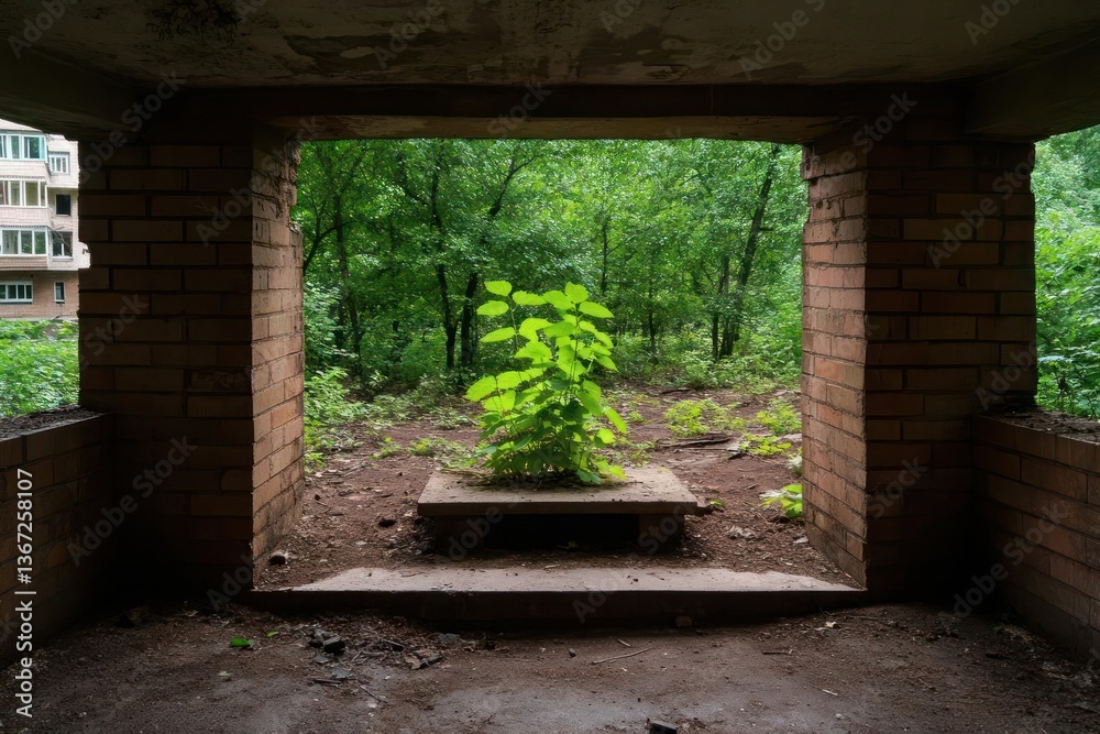 Poster view through a rectangular opening in a brick structure reveals a vibrant green sapling against lush