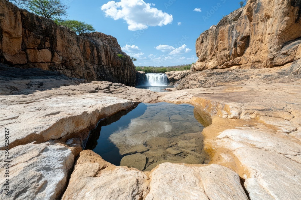 Aufkleber scenic view of a waterfall flowing into a natural pool surrounded by rocky cliffs under a blue sky w