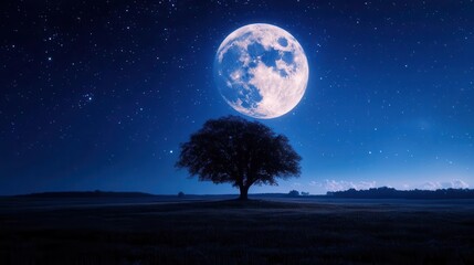 Stunning Full Moon Illuminating a Majestic Tree Against a Starry Night Sky