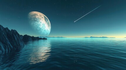 Nighttime Ocean Landscape with Illuminated Moon and Stars Reflecting on Calm Waters