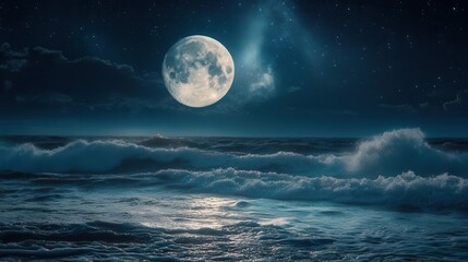Stunning Moonlit Seascape with Bright Moon and Gentle Waves Under Starry Night Sky