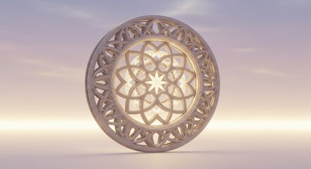 Obraz premium Intricate Circular Mandala Design in a Serene Setting, 3D Rendered Golden Ornament, Elegant Geometric Pattern, Peaceful Atmosphere, Digital Art