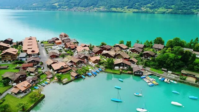 Panoramic drone of Iseltwald village and lake framed by green Swiss mountains