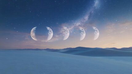 Phases of the Moon Above a Serene Desert Landscape Under a Starry Night Sky